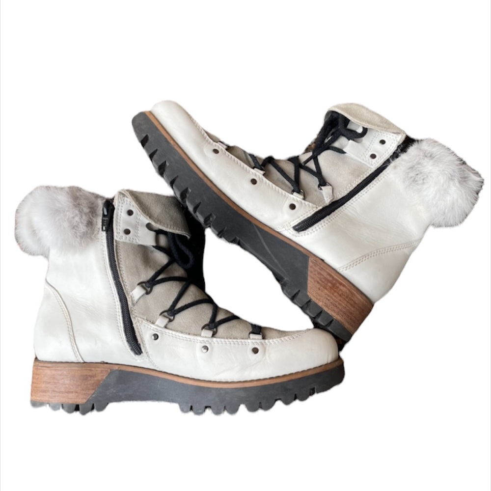 White Moto Ankle Boots Italian Manas Lug Sole Fur Trimmed Size 9.5 (40)
